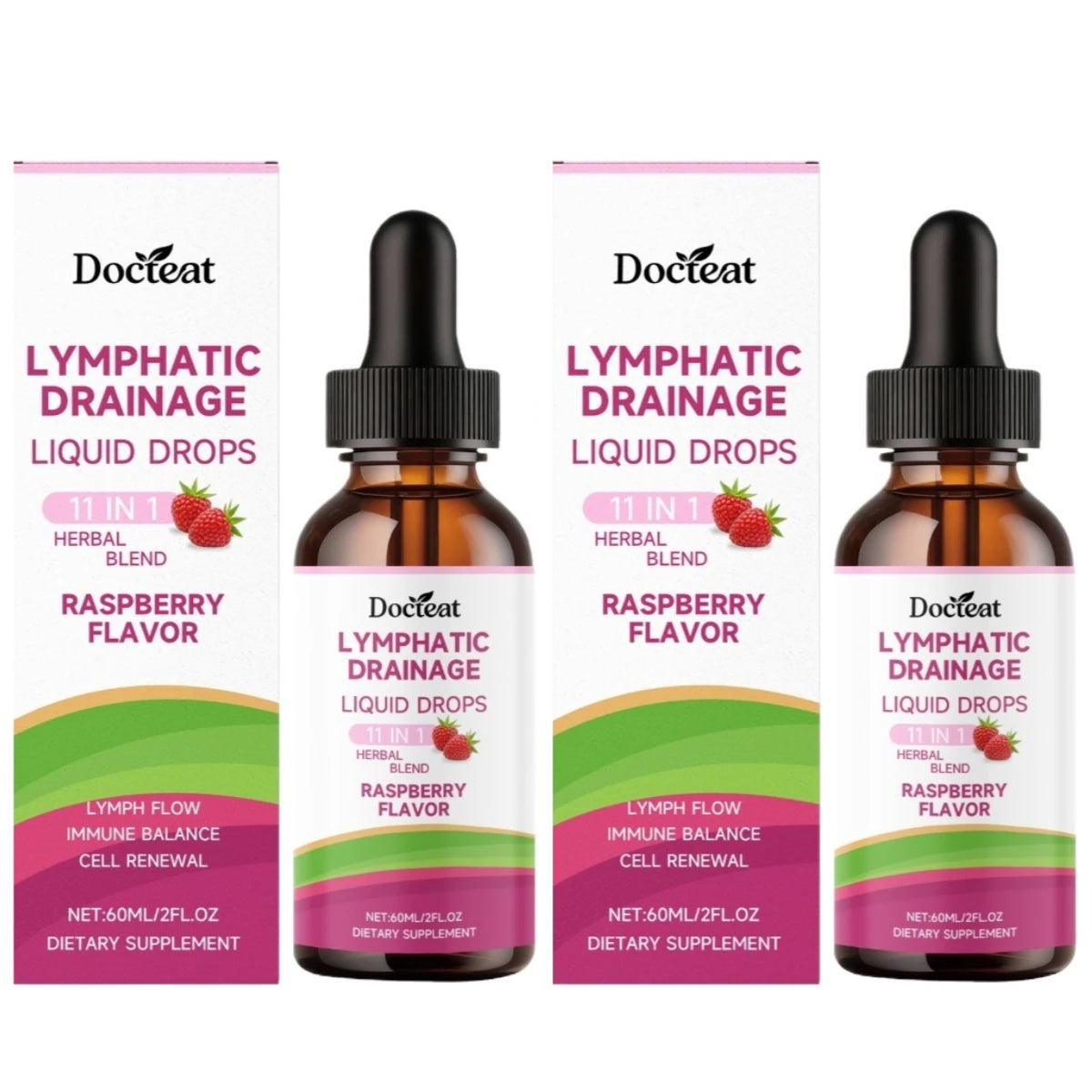 Docteat Herbal Liquid Drops 11 in 1 Raspberry Flavor Net 60 ML (2 Fl Oz) Supports Lymphatic Drainage and Cell Renewal Daily Care