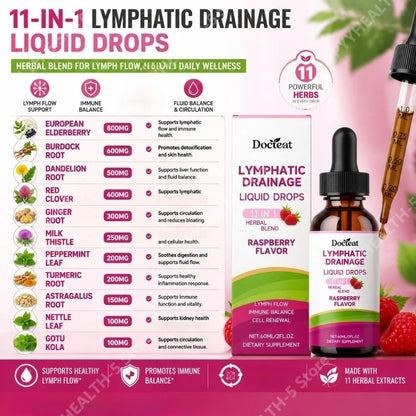 Docteat Herbal Liquid Drops 11 in 1 Raspberry Flavor Net 60 ML (2 Fl Oz) Supports Lymphatic Drainage and Cell Renewal Daily Care