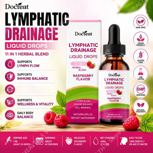 Docteat Herbal Liquid Drops 11 in 1 Raspberry Flavor Net 60 ML (2 Fl Oz) Supports Lymphatic Drainage and Cell Renewal Daily Care
