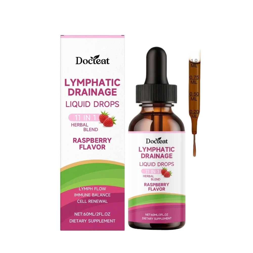 Docteat Herbal Liquid Drops 11 in 1 Raspberry Flavor Net 60 ML (2 Fl Oz) Supports Lymphatic Drainage and Cell Renewal Daily Care
